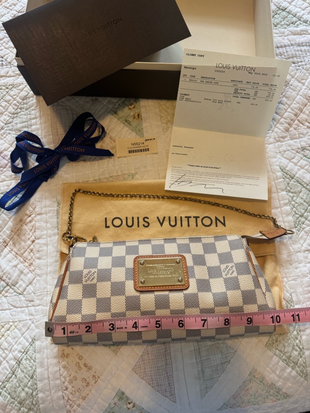 Discontinued Louis Vuitton Damier Azur Eva Gold Accents Dustbag Gift Box/Receipt - Picture 6 of 16
